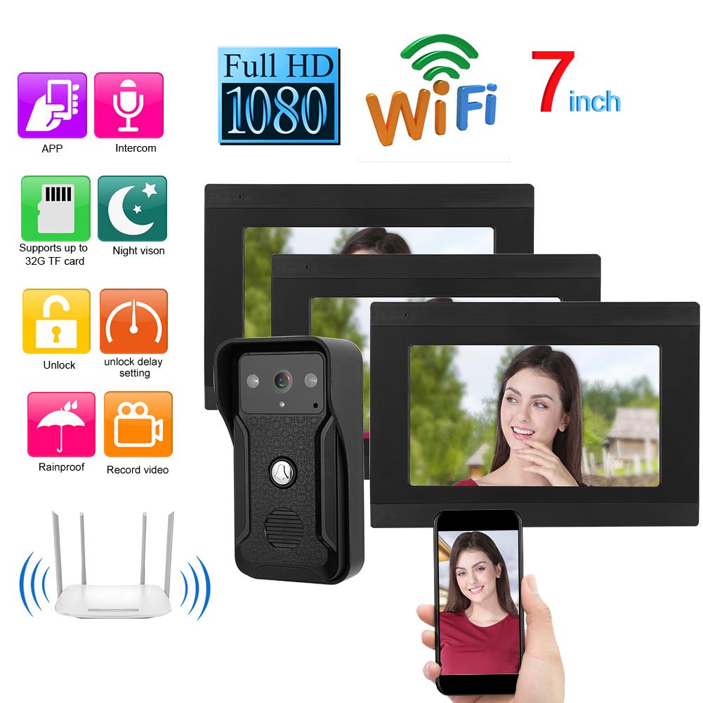 7in Wired Wifi 3 Monitors 1080P HD Video Doorbell Doorphone Night Vision Camera