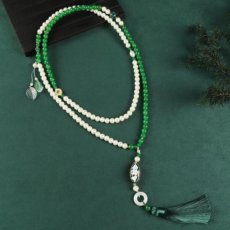 Glazed Beaded Messenger Chain High-end Long Green Sandalwood Fringed Necklace Sweater Chain Accessories Women