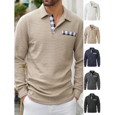 Herren Quadratisch Kariert Textur Stoff Einfarbig Langärmlig Knopf Polohemd