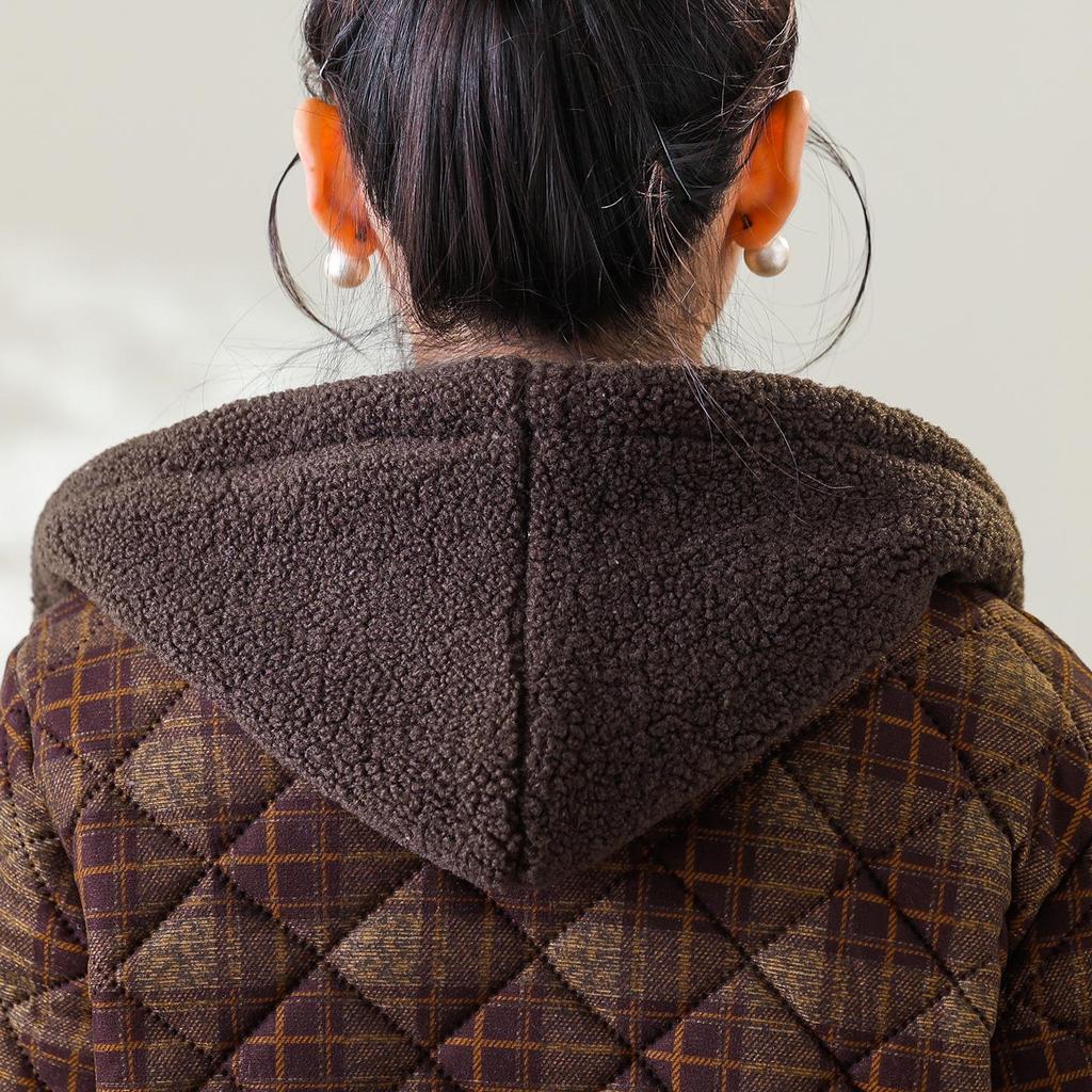 Women's Winter Hooded Plaid Cotton Jacket: Thick, Warm, Mid-Length Coat with Plus Velvet Lining