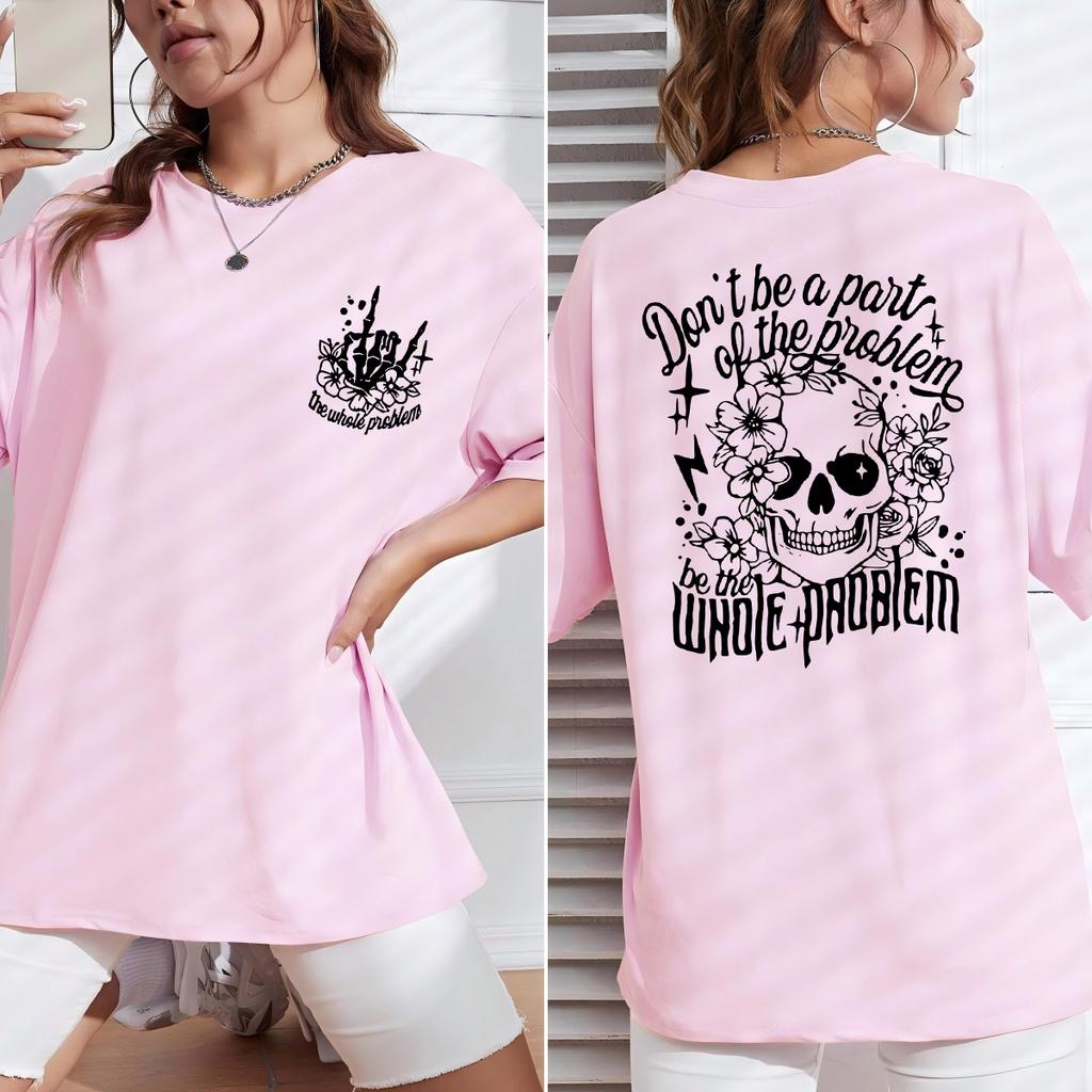 Personality Skull And Flower Print Short Sleeve Women Cotton Y2K Crewneck T-Shirt Soft Top Summer Oversized T Shirt