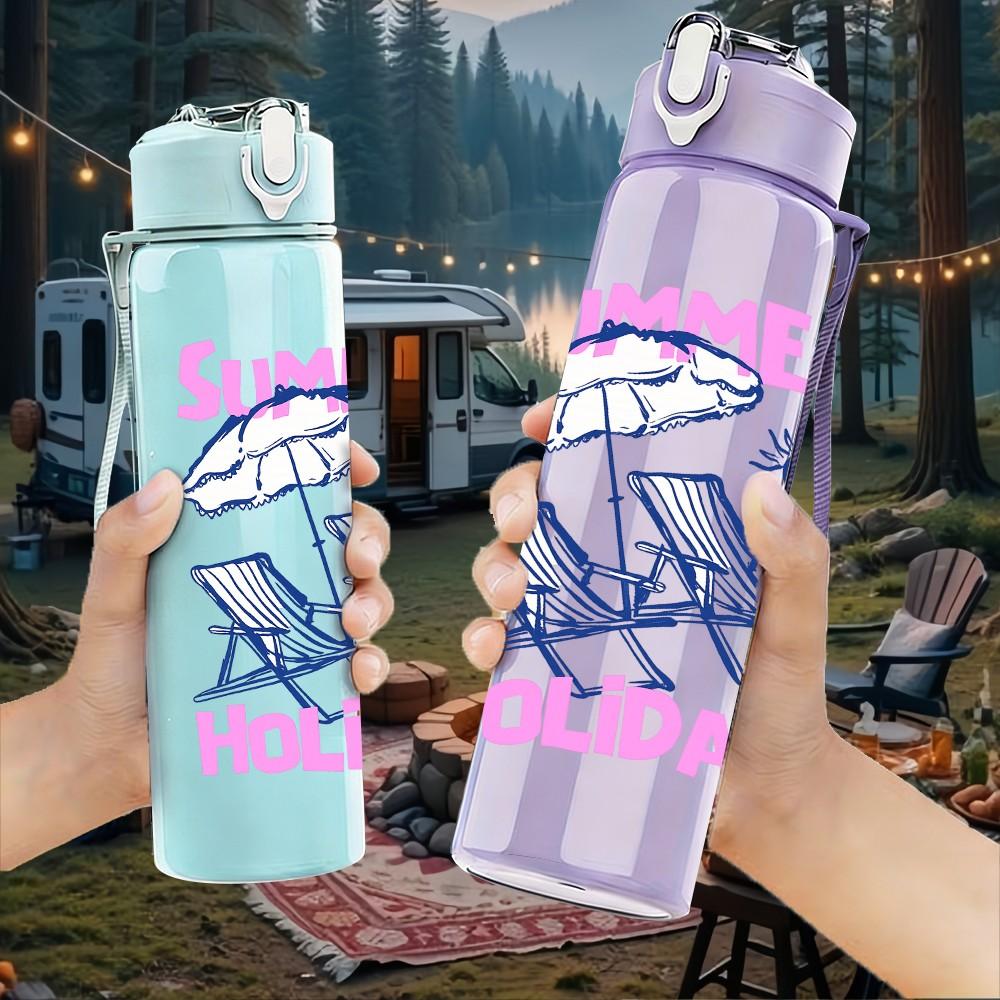 1PC Summer Holiday Pastel Letter Print 750ml Color Plastic Sports Water Bottle Leakproof Flip Straw Lid Suitable for Sports Office Home Use