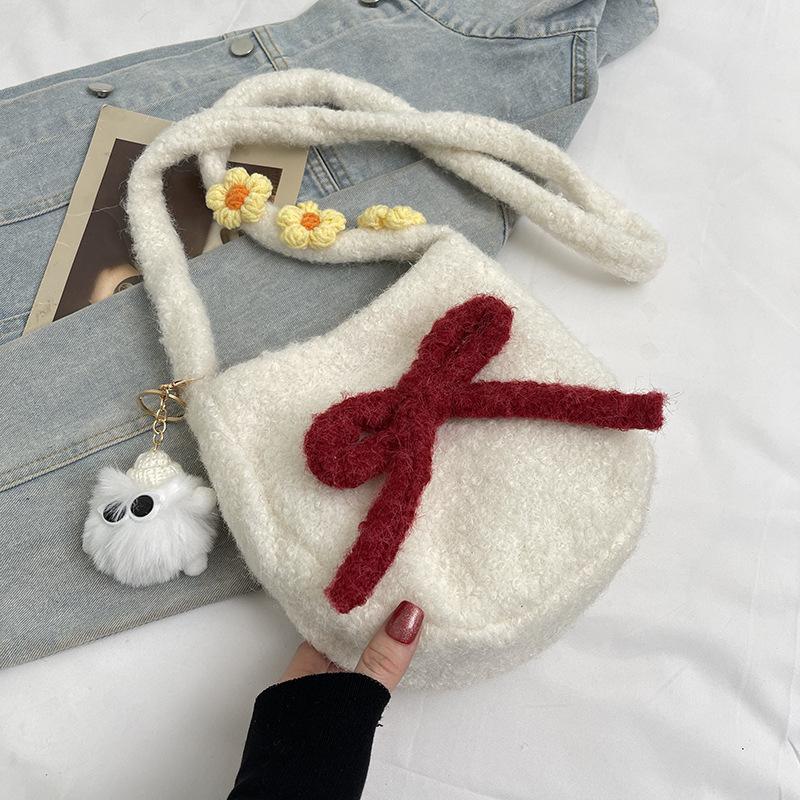 Macaron plush oval cute autumn new bag small crossbody shoulder backpack bow mobile phone bag