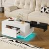 High-Gloss Coffee Table with LED Lighting, Extendable Black-and-White Tabletop, Hidden Storage and 16-Color Adjustable Light Strip