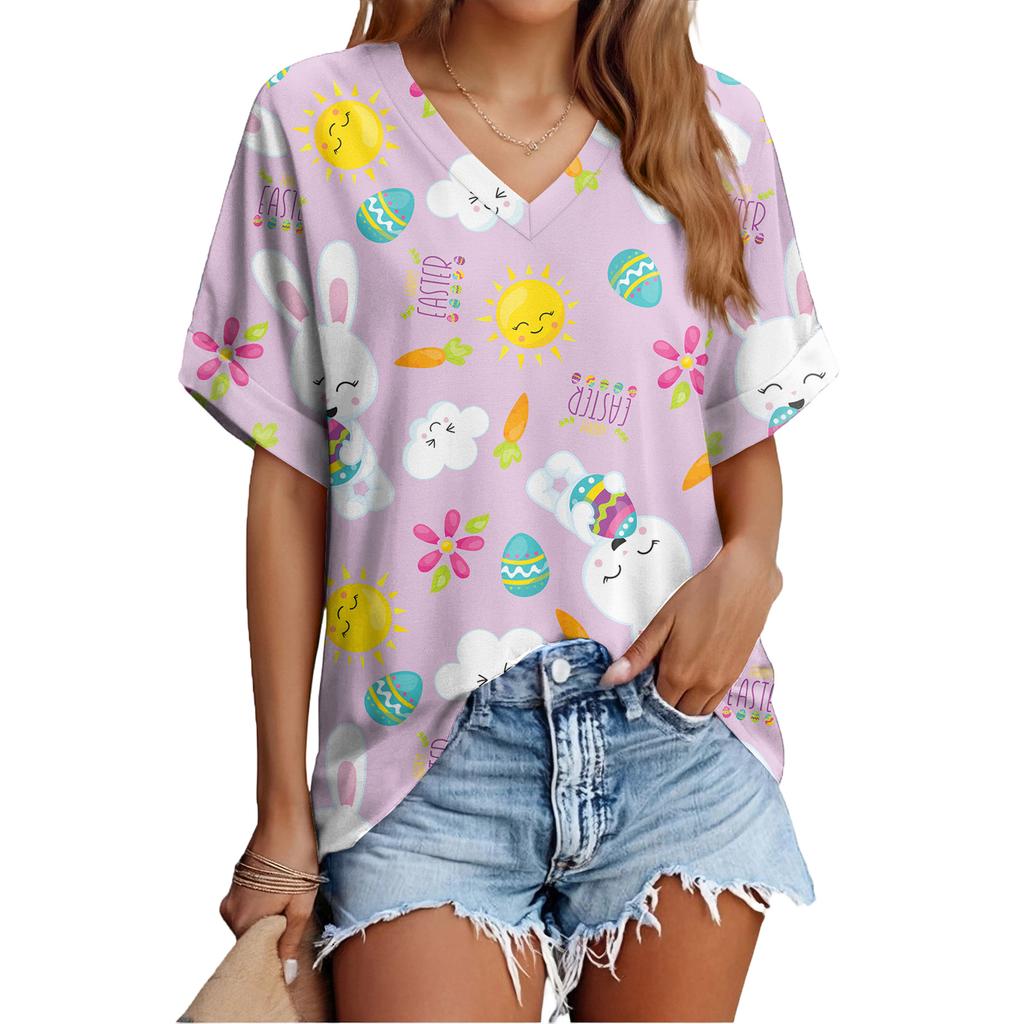 Women's Fashionable Casual Everyday Versatile Easter Print Slim-Fit Summer Short-Sleeve Top