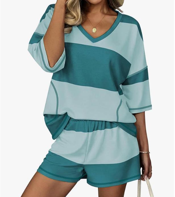 Spring/Summer Women's Striped Short-Sleeve Top & Casual Shorts Two-Piece Sportswear Set