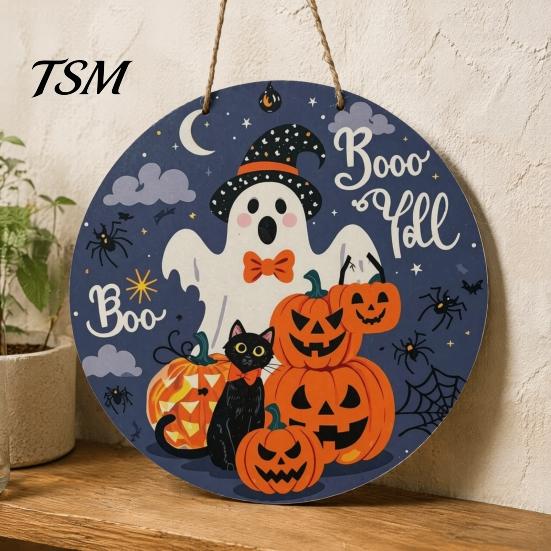 Waterproof Halloween Wall Art Boo Wood Door Hanger Sign with Cute Ghost Black Hat Pumpkin Print, Front Solid Yard Decoration Porch Decor, Round Wooden