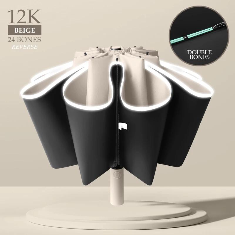 Parapluie UV pliable inversé entièrement automatique avec bande réfléchissante coupe-vent Parapluies UV