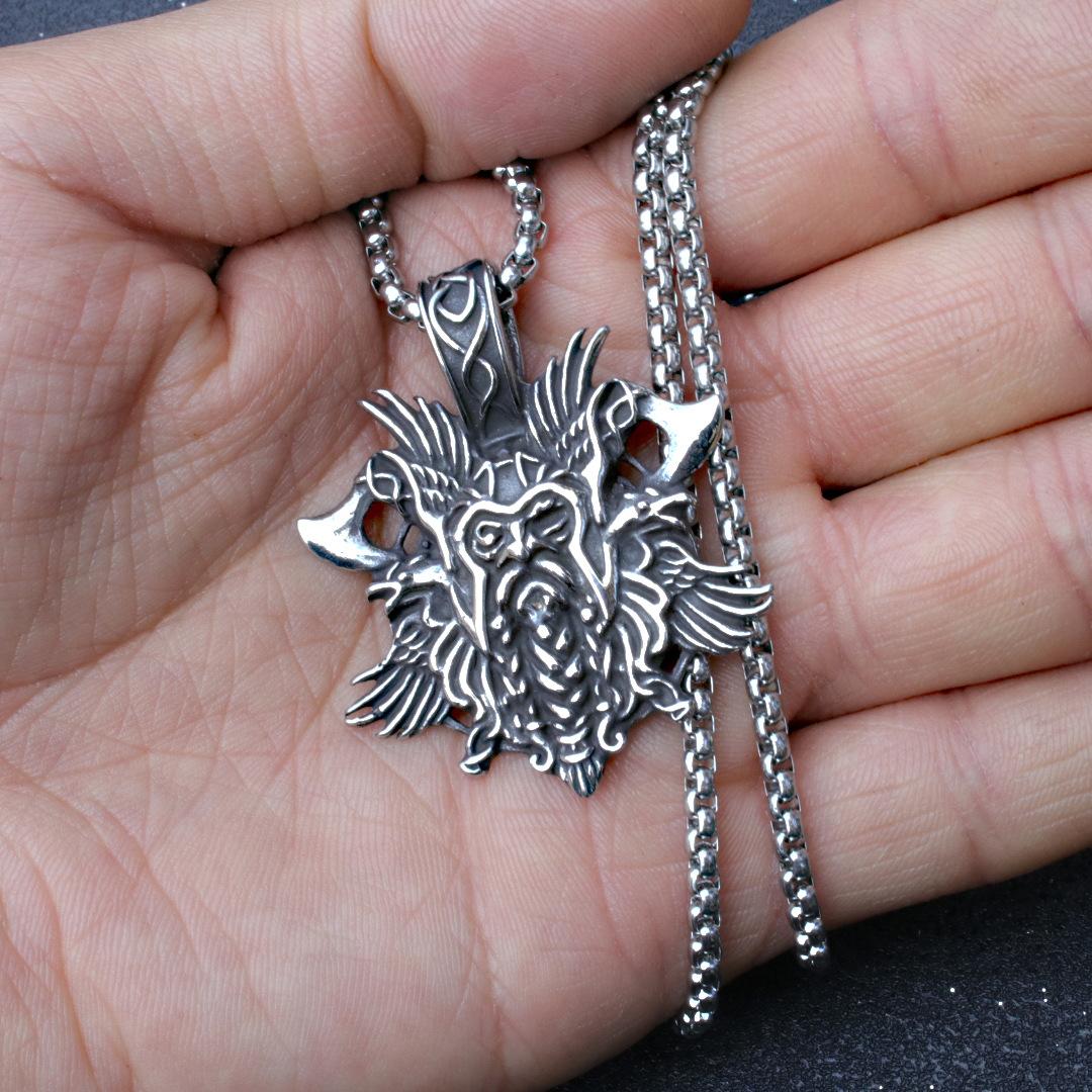European and American Pirate Double Ax Titanium Steel Pendant New Viking Odin Mount Crow Necklace Pendant 60CM