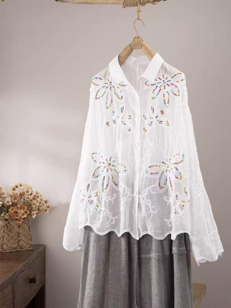 Women's Retro Floral Embroidered Cotton Shirt with Beaded Sequins - Long Sleeve, Loose Fit