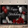 Black Glitter Happy Birthday Backdrop, Red Roses & Balloons for Photoshoot