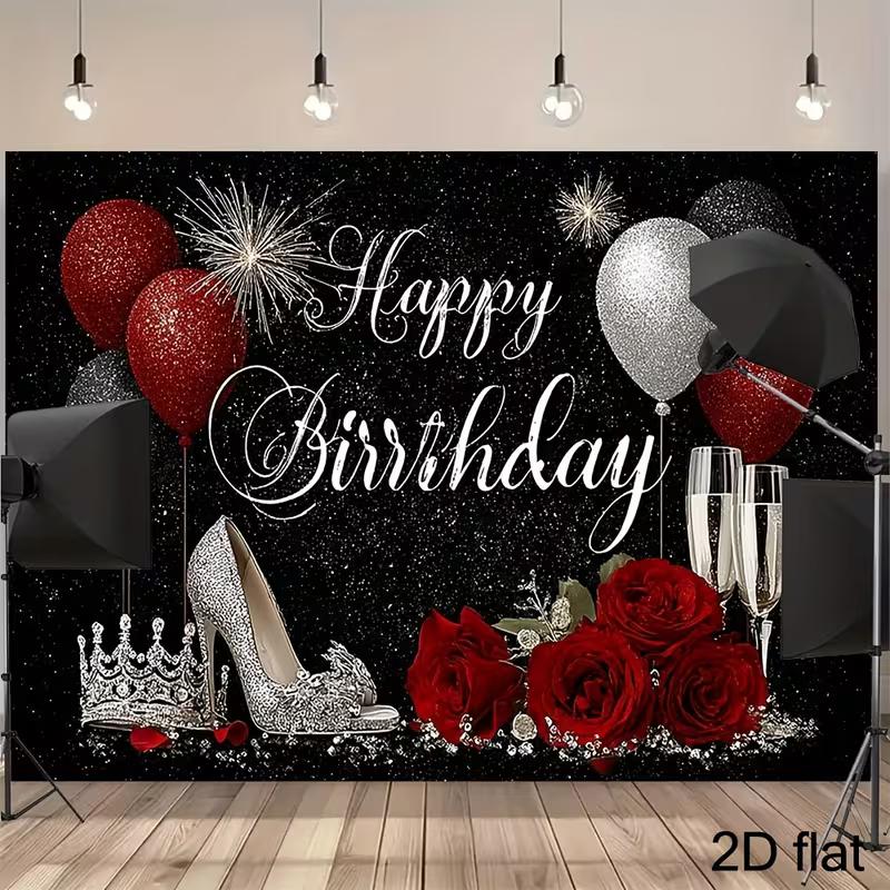 Black Glitter Happy Birthday Backdrop, Red Roses & Balloons for Photoshoot