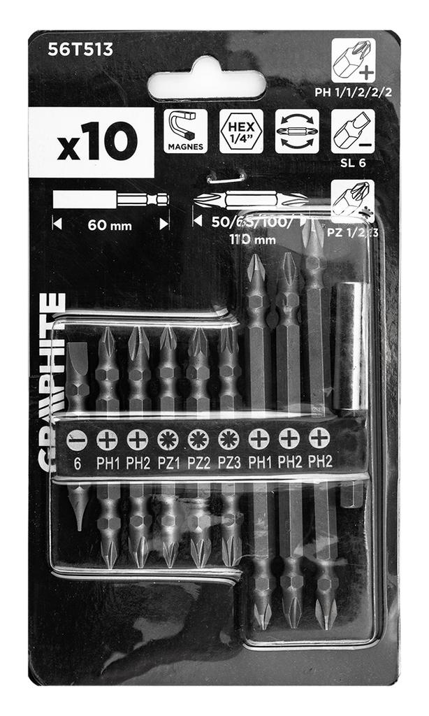 Zestaw bitów dwustronnych SL6, PH1x2, PH2x3, PZ1/2/3, z uchwytem magnetycznym 60 mm, 10 szt.