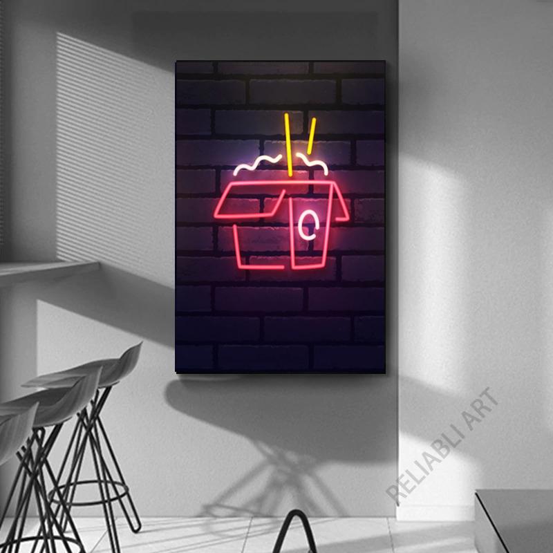 

Красочные неоновые холсты для быстрого питания, картина с картофелем фри, напитки, пицца, гамбургеры, значки, уличные художественные постеры для декора стен столовой 21x30cm No Frame