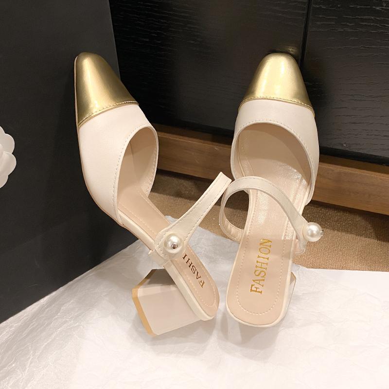 Fashion Aphixta 5cm Square Heels Pearl Dec Women Slides Pointed Toe Flip Flops Patchwork Summer Slides Fashion White Baby Silver Shoes