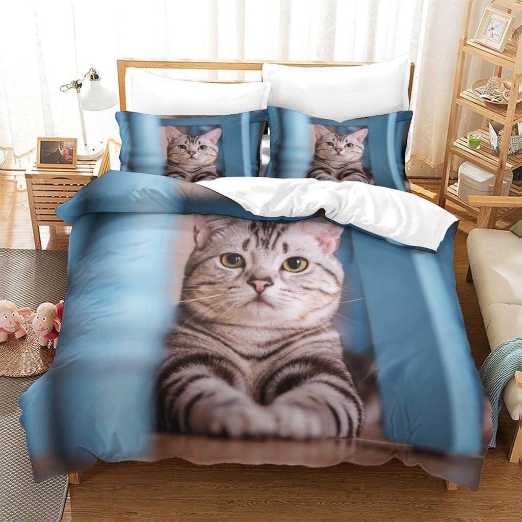 Cat Series Cute Animal 3D Digital Printing Quilt Cover Three-Piece Bedding