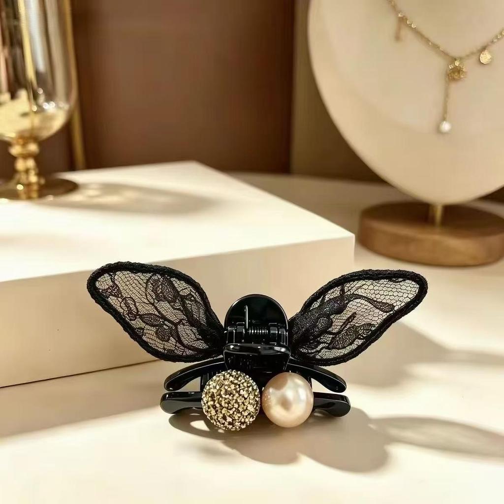 Elegant Black Lace Rhinestone Bunny Ear Bow Hair Clip - Small, Versatile, Korean Style
