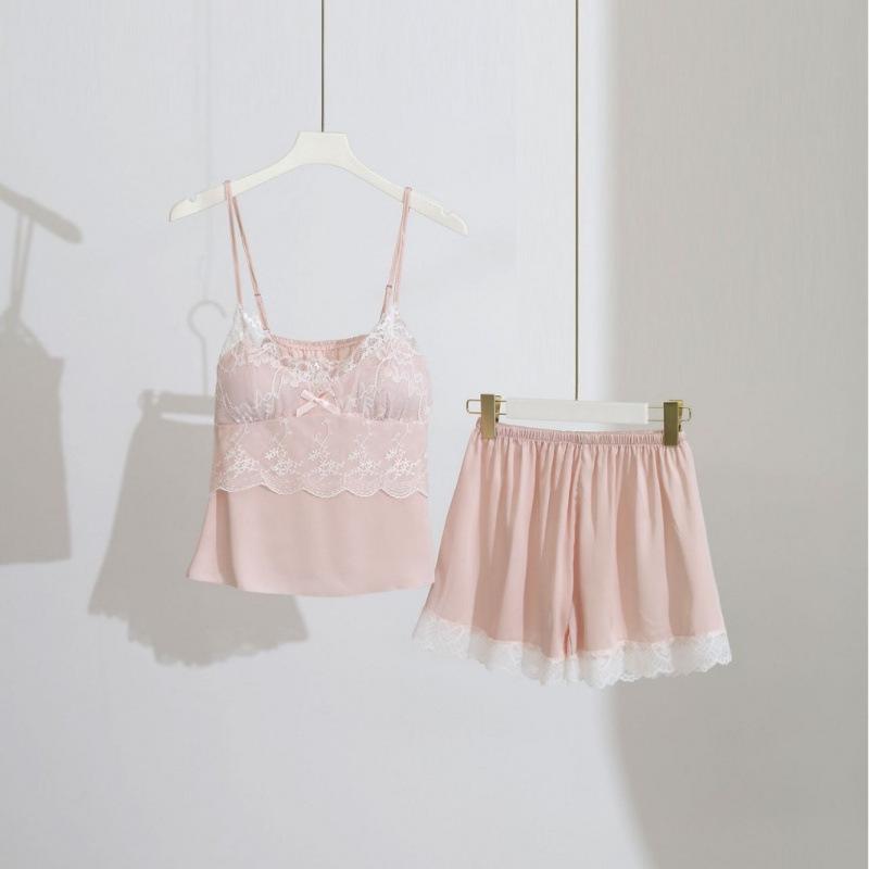2025 Summer Pure Desire Satin Pajamas Set: Women's Spaghetti Strap Top with Chest Pads and Shorts.