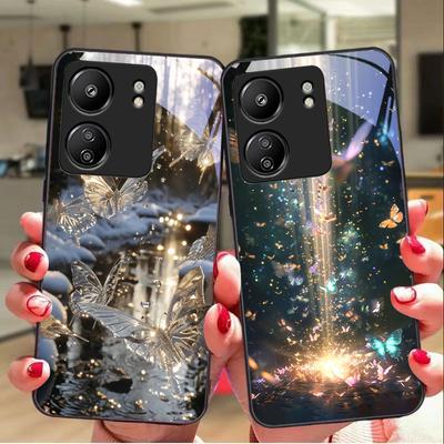 Gradient Butterfly For Xiaomi Redmi 13C Note13 12 Pro Plus 5G Note 9 13T Pro POCO X6 F5 F6 Black Tempered Glass Phone Case