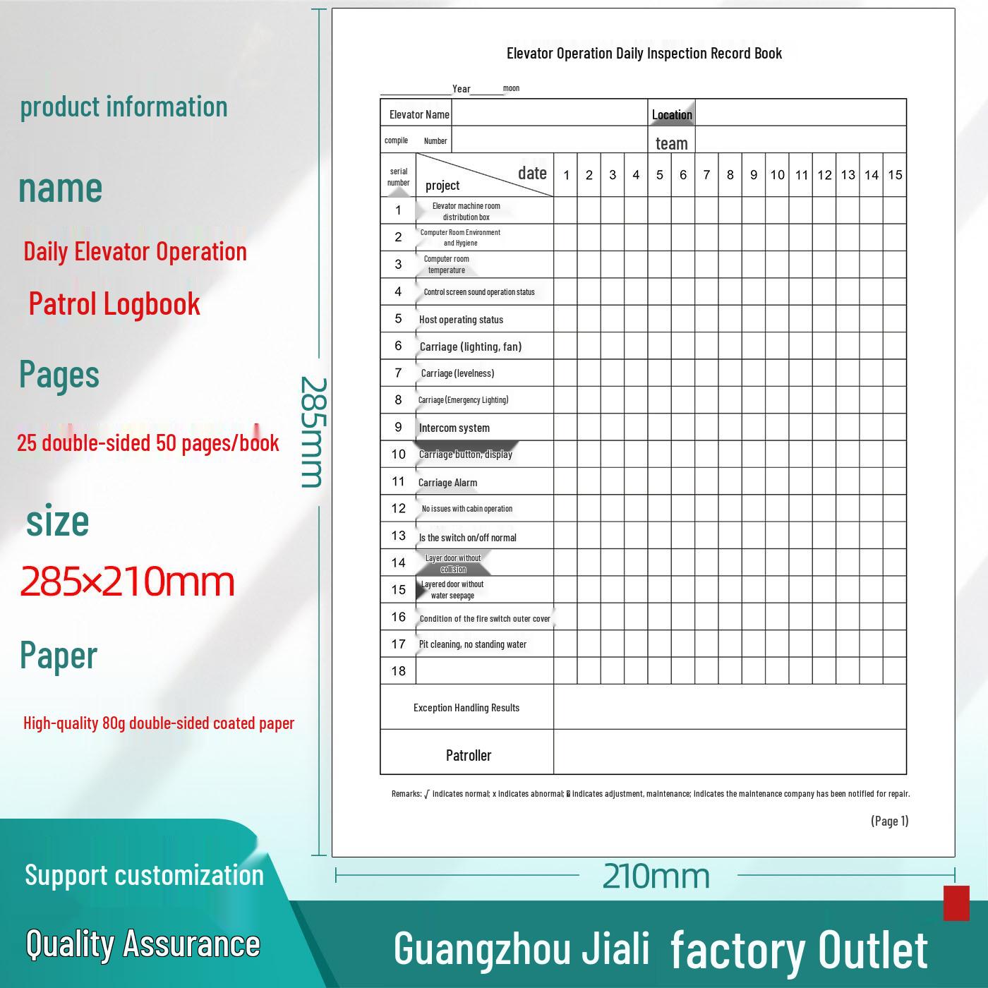 Elevator Operation & Safety Inspection Log Book