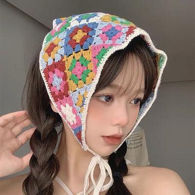 1Pc Knitted Triangle Headband French Pastoral Style Headscarf Hat Little Flower Handmade Crochet Headband Towel Spring Summer