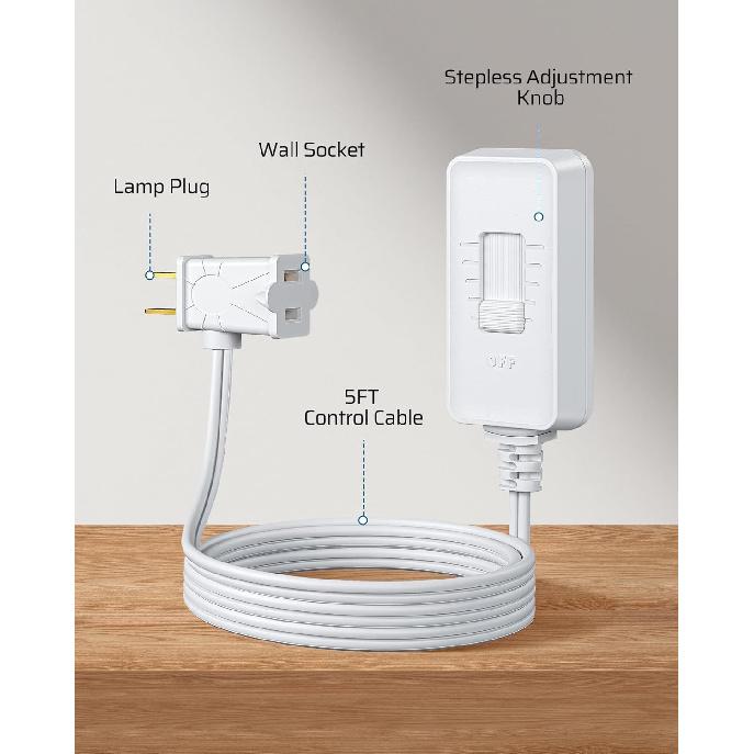 DEWENWILS Plug in Dimmer Switch for Lamp, Table Lamp Dimmer for Dimmable LED/CFL Lights and Incandescent Bulbs, Full Range Slide Control, 5 ft