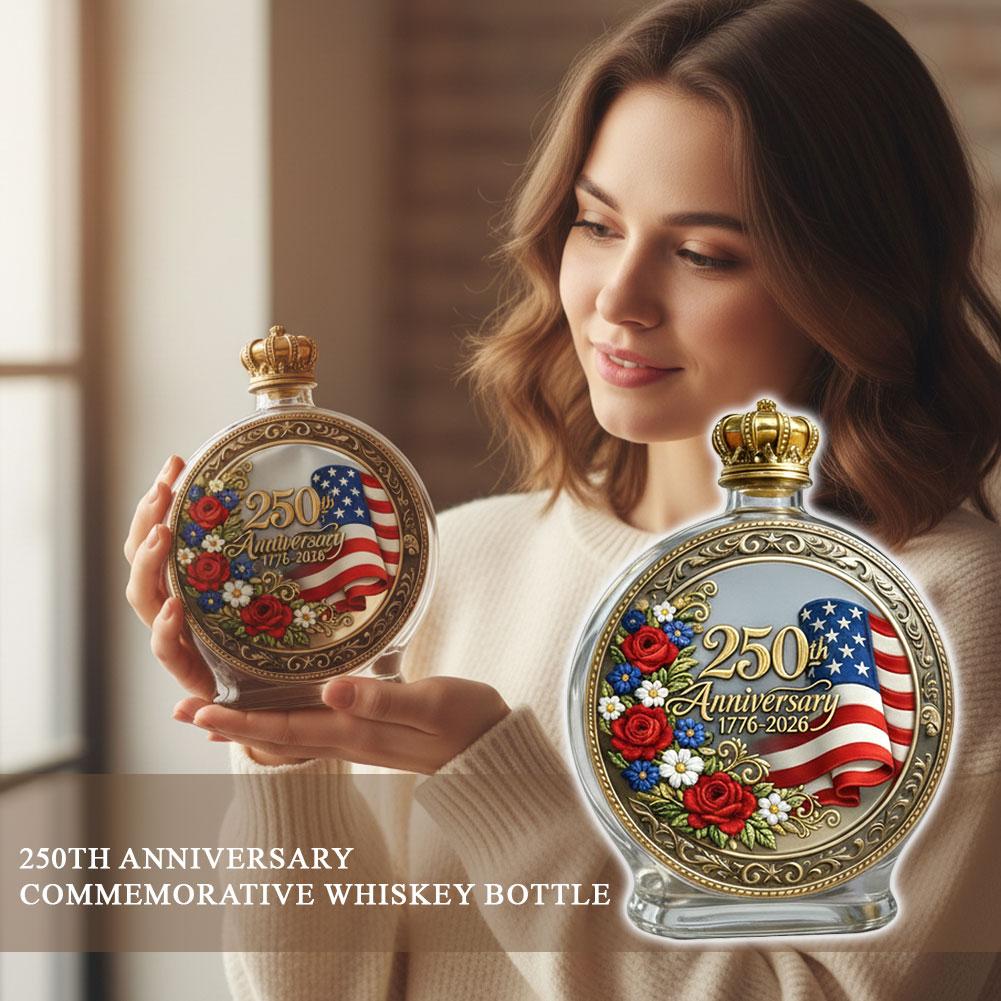 250th Anniversary Glass Decanter Bottle 3D Embossed USA Flag Floral 1776-2026 Liquor Bottle for Bourbon Scotch Fathers Day Gift