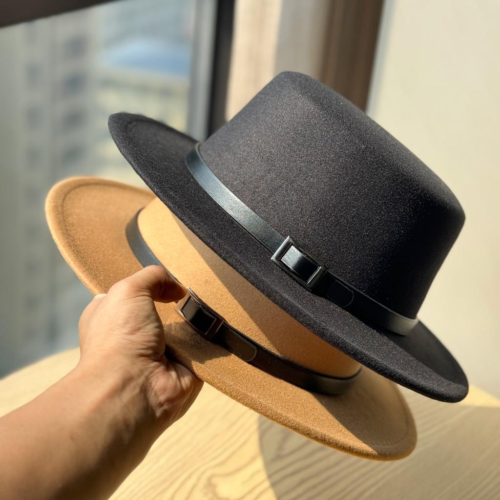 New autumn and winter flat-top woolen hat children's fashionable versatile retro top hat British and European style wide-brimmed jazz hat men