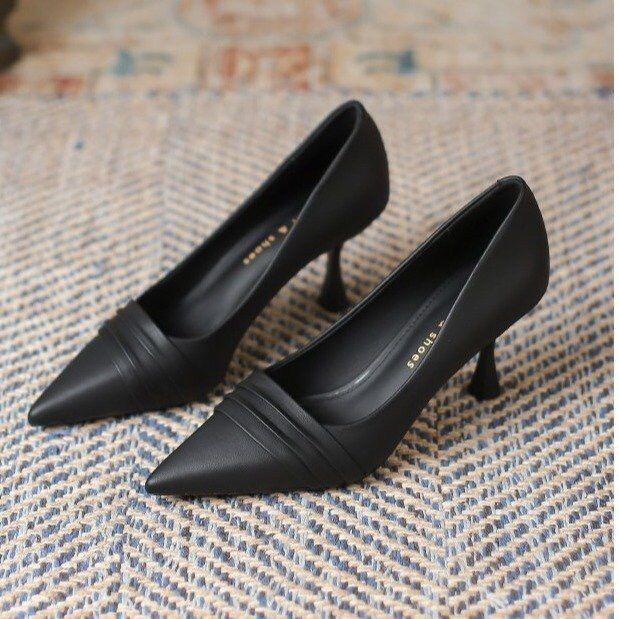 Designer Shoes Pumps Women High Heels Ruffles Boat Shoes Pointed Toe Stilettos  Office Lady Shoe Black Spring Autumn