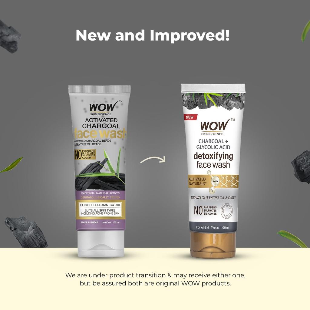 Wow Skin Science Activated Charcoal & Glycolic Acid  detoxifying Face Wash 100 ml Detoxifying Deep Pore Cleanse