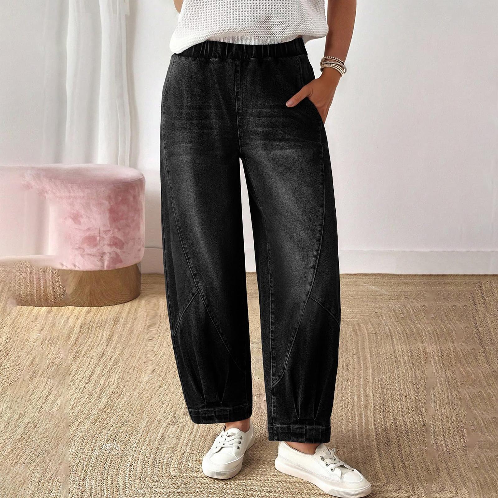 Womens Barrel Jeans Elastic High Waisted Stretchy Baggy Wide Leg Jeans S чёрный