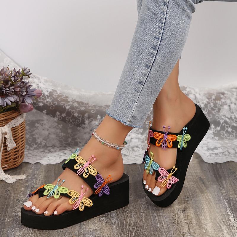 Fashion 2024Summer Women Rhinestone Butterfly Flip Flops Female Slippers Wedges Platform Slippers Non Slip Shoes Sandals Shoes for Women