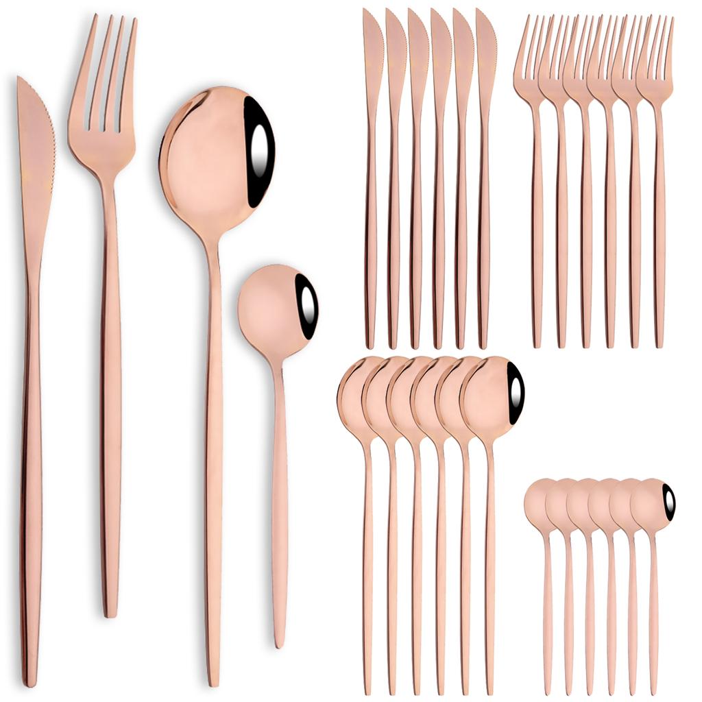 24pcs Stainless Steel Cutlery Set Knife Coffee Spoon Fork Dinnerware Set Mirror Durable Flatware Western Party Kitchen Tableware