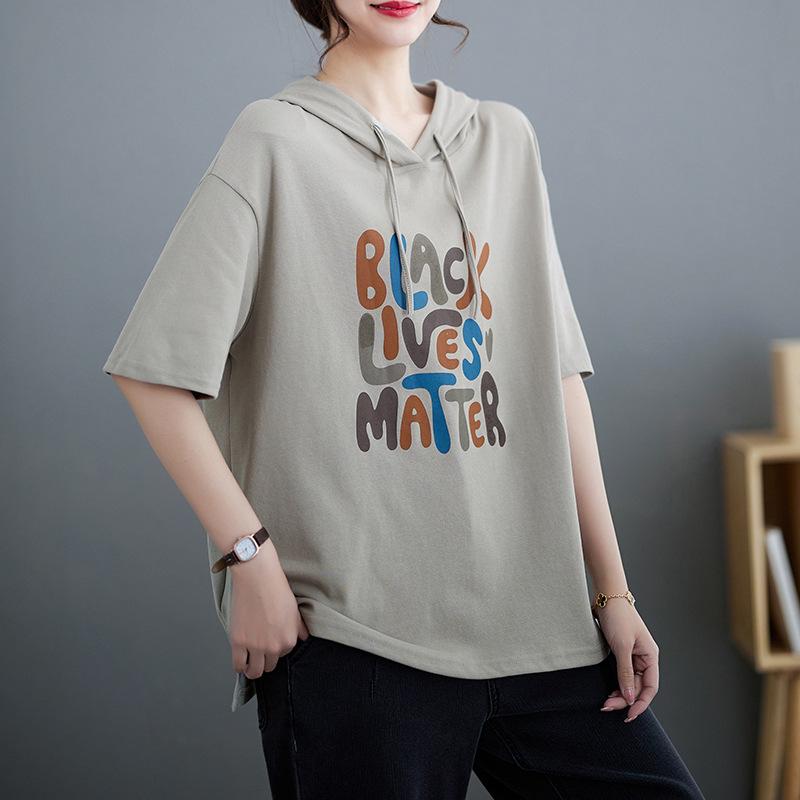 

2023 Летняя женская повседневная футболка с капюшоном большого размера - Свободный крой, с принтом, с коротким рукавом 2XL