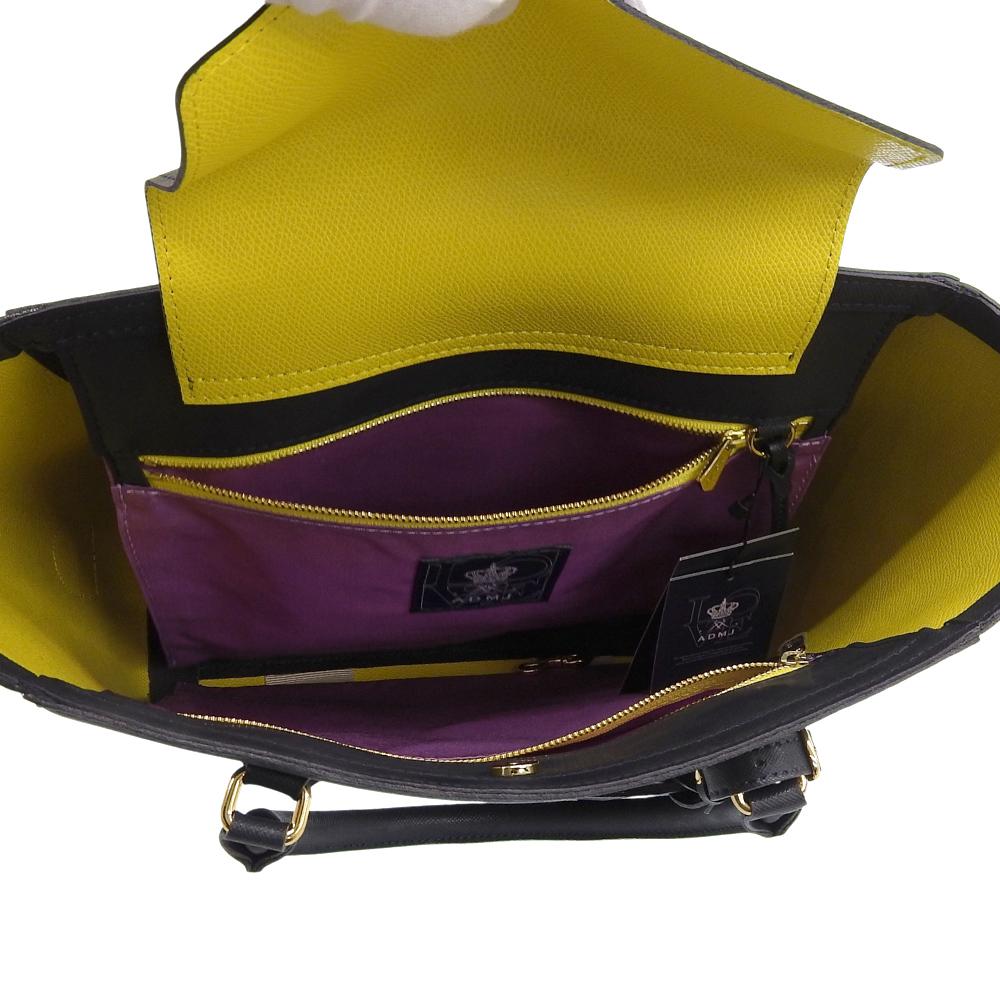 A.D.M.J. Accessoires De Mademoiselle Unused Calf Leather Square Tote Bag, Women's, Navy x Gold, 17AW01038 Tote Bag NavyUsed