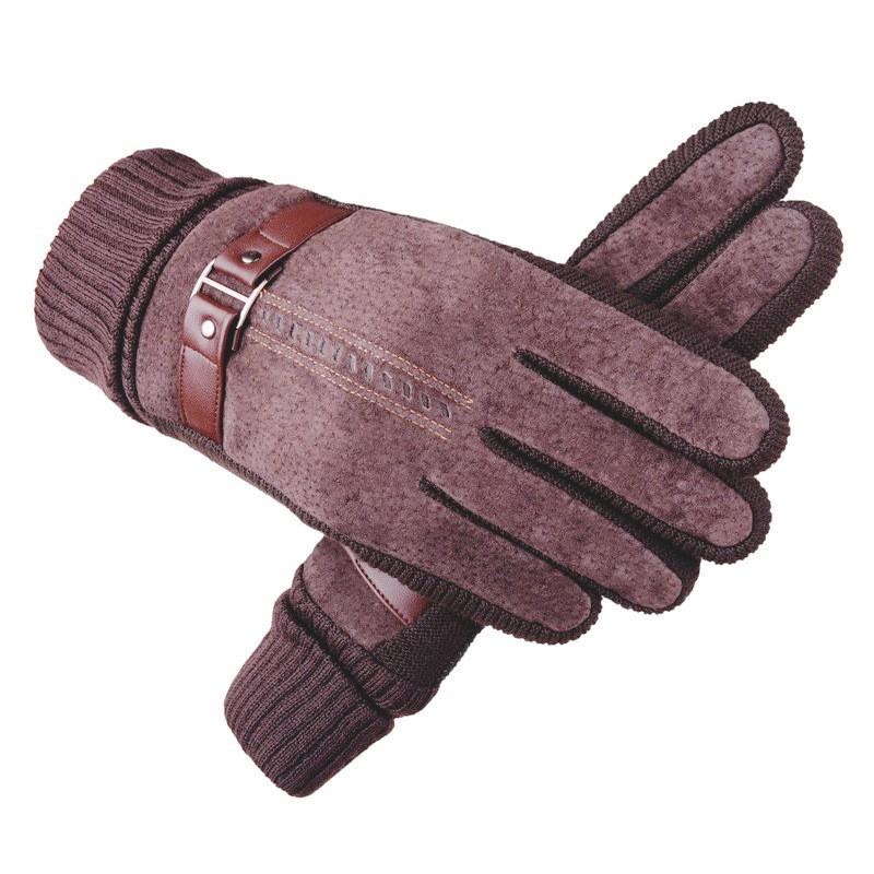 Mens Winter Thickened Fleece-Lined Pigskin Motorcycle Riding Gloves Touchscreen Compatible Outdoor Warm