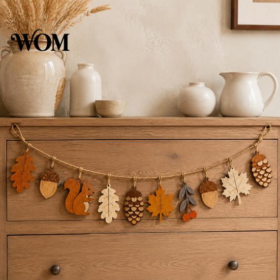 Tactile Wooden Wall Art Fall Garland Decor, Rustic Autumn Hanging Ornament with Squirrel Boho Home Decoration Maple Leaf Pinecone Harvest Thanksgiving