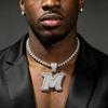 THE BLING KING Big Baguettecz Letter M Pendan Iced Out Cubic Square Zirconia Charm Choker Necklace Hiphop Jewelry