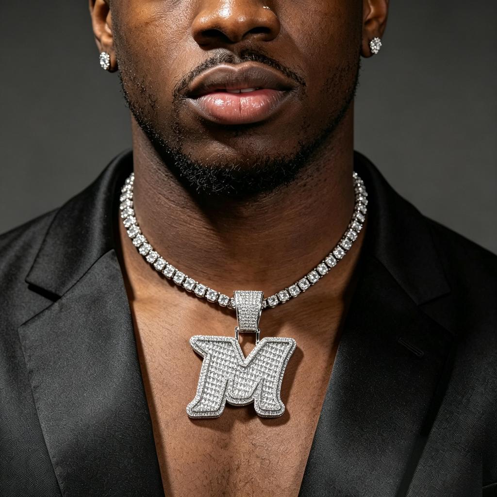THE BLING KING Big Baguettecz Letter M Pendan Iced Out Cubic Square Zirconia Charm Choker Necklace Hiphop Jewelry