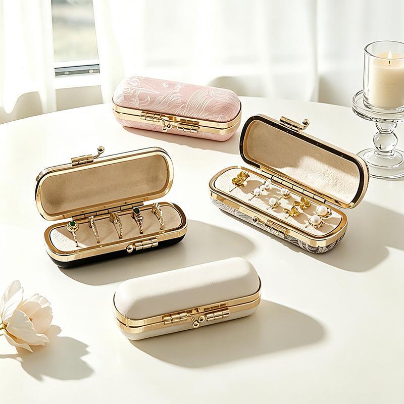Kiss Lock Mini Ring Box Gold Trim Velvet Lining Leather Small Jewelry Storage for Engagement Bridal Shower Gift