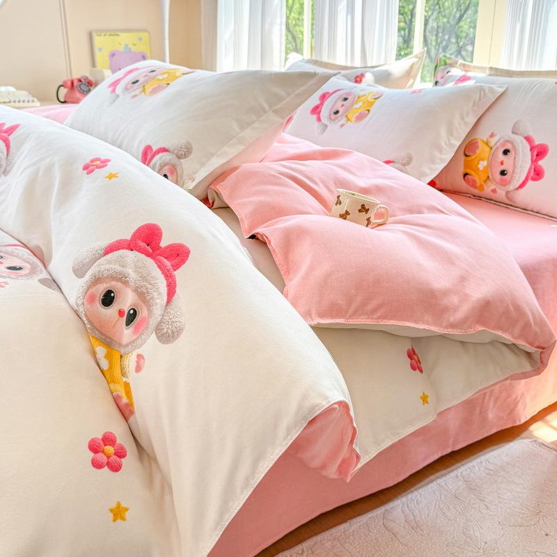 4-teiliges Baumwollset, verdicktes, gebürstetes, frisches Baumwollbettlaken, Bettbezug, Hüte, Modelle, Schlafsaal, 3-teiliges Set