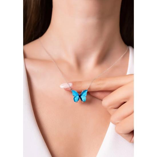 925 Sterling Silber emaillierte blaue Schmetterlings-Halskette