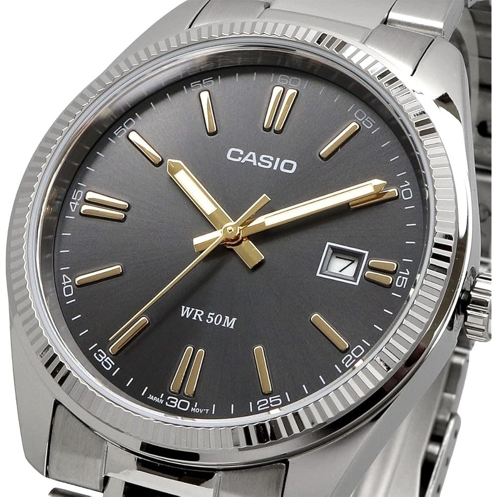Casio MTP-1302D-1A2V Analog Quartz Men's Watch Silver Metal Band Dark Gray Dial Gold Index