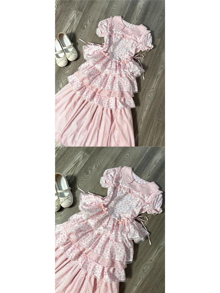 Retro Japanisches Süßes Rosa Puppenkragen Kurzarm Oberteil & Kuchenrock Set für Damen - Sommerkollektion