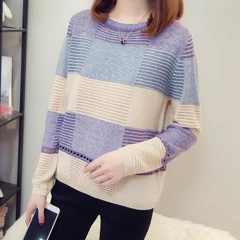 Dzianinowe t-shirty O-neck Wiosna Jesień Patchwork Swetry z długim rękawem Casual Hollow Out Swetry w paski Rozrywka Koreańskie swetry