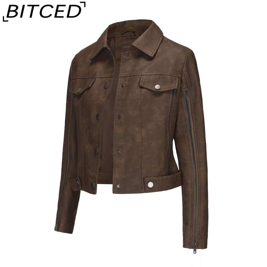 BITCED Women's Fashion Multi-Zip Decorated Biker Jacket Long-Sleeved Cardigan Style Trendy Jacket Spring/Autumn Lightweight Leather Jacket