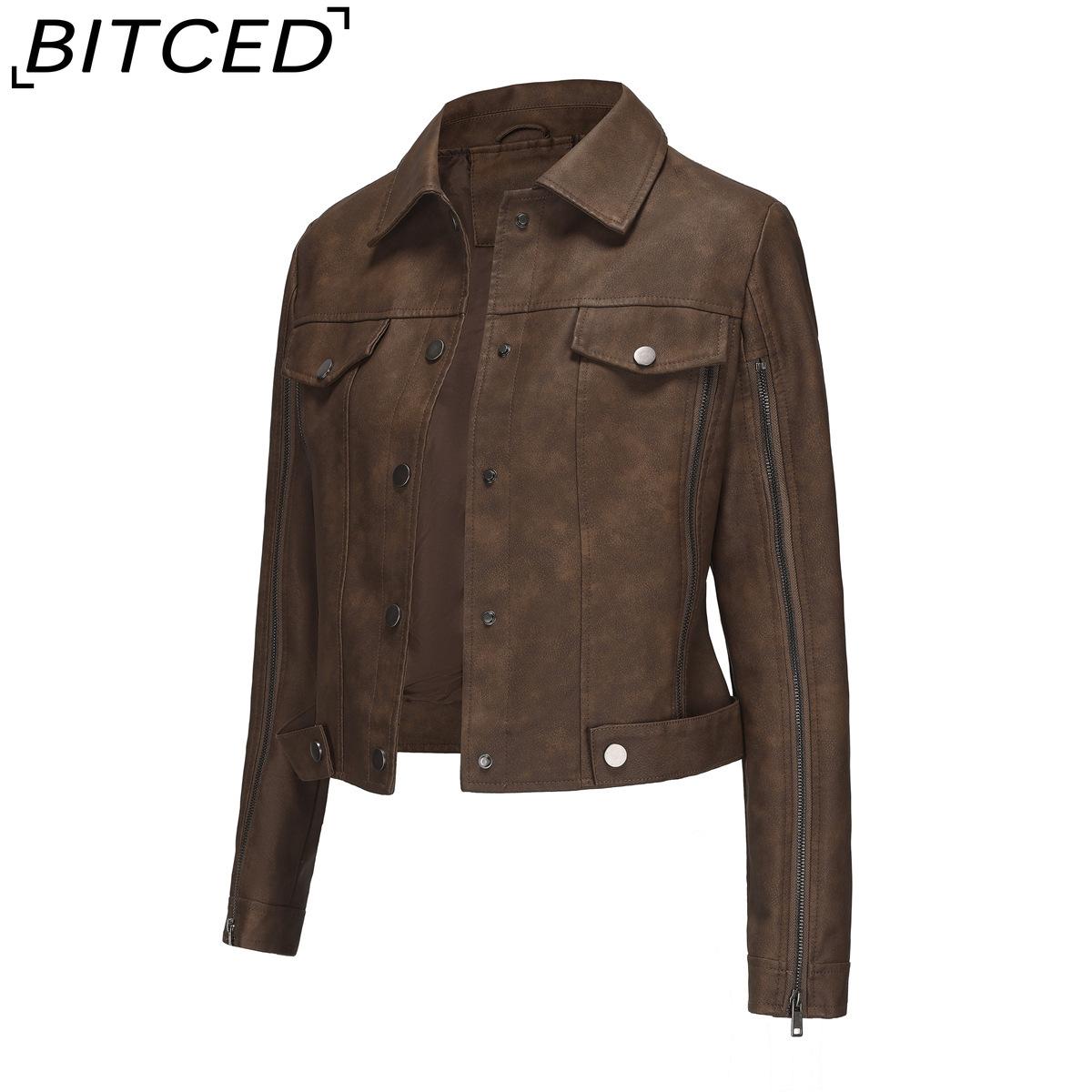 

BITCED Women s Fashion Multi-Zip Decorated Biker Jacket Long-Sleeved Cardigan Style Trendy Jacket Spring/Autumn Lightweight Leather Jacket XXXL верблюд