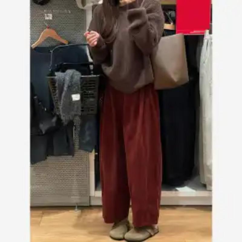 

Японские ретро утолщенные вельветовые брюки широкие для женщин на осень и зиму Новые свободные с высокой посадкой повседневные брюки для миниатюрных S красный