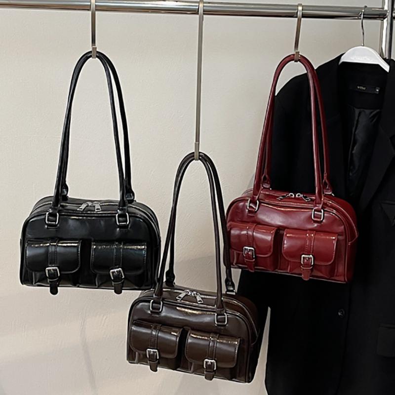 2025 Winter Retro PU Leather Double Pockets Underarm Bags For Women Y2K New Korean Fashion Female Shoulder Bag Stylish Handbags