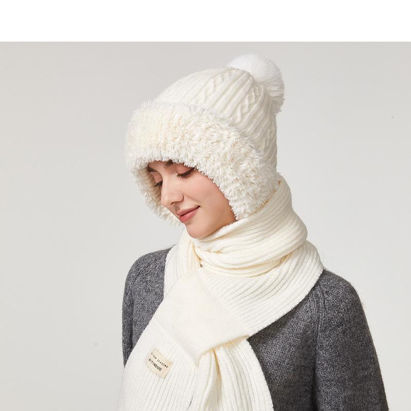 

Hat Scarf Integrated Knitted Hat Autumn Winter Women Outdoor Riding Ear Protection Thick Warm Cap